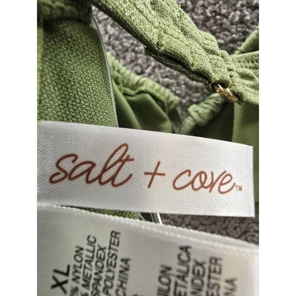 Salt + Cove Solid Lurex Twist-Front Bralette Bikini Women's XL Olive Hook Back